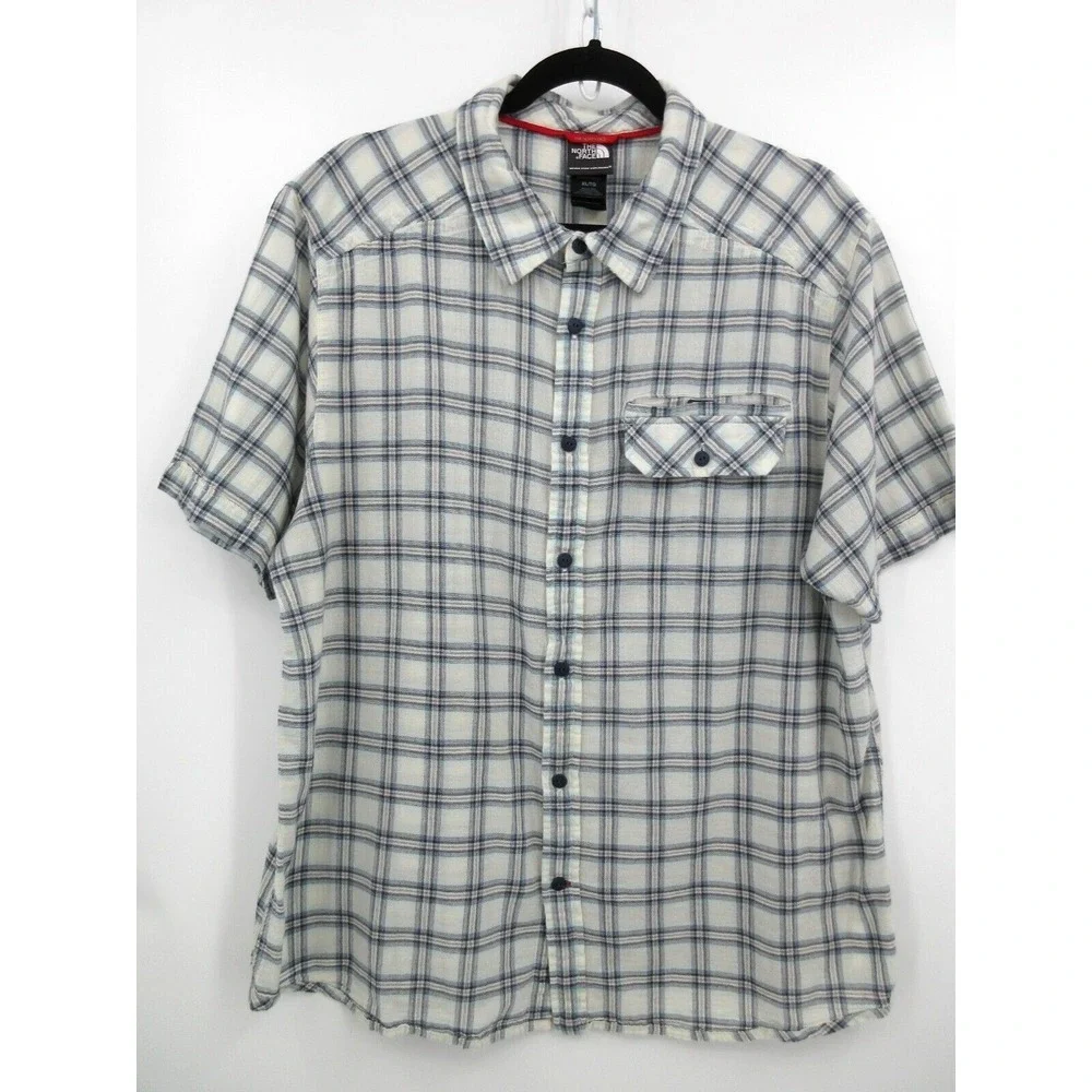 THE NORTH‎ FACE BUTTON FRONT SHORT SLEEVE SHIRT Men's Size XL White Blue Plaid